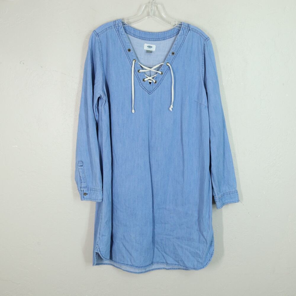 Old Navy Womens Denim Dress L Blue Cotton Tunic Lace Up Nautical Beach Coastal
